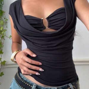 SHEIN EZwear Femmes T-shirt d'été sexy à encolure dégagée et ajouré de couleur unie