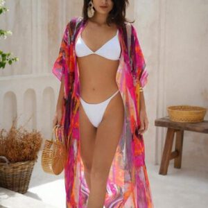 SHEIN Swim Kimono Imprimé Coup De Pinceau Manches Chauve-Souris Ouvert