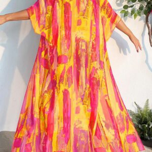 SHEIN Swim Kimono Imprimé Coup De Pinceau Manches Chauve-Souris Ouvert