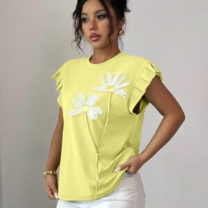 Elenzga T-shirt d'été et d'automne pour femmes avec fleurs 3D contrastées mignonnes