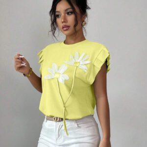 Elenzga T-shirt d'été et d'automne pour femmes avec fleurs 3D contrastées mignonnes