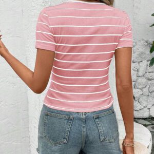 Easowa T-shirt côtelé ajusté à col ras-du-cou pour femmes, en tissu jacquard texturé, pour un port décontracté et confortable à la maison, en vacances et en sortie