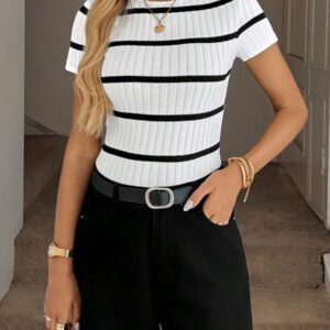 Easowa T-shirt côtelé ajusté à col ras-du-cou pour femmes, en tissu jacquard texturé, pour un port décontracté et confortable à la maison, en vacances et en sortie
