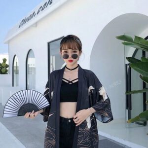 Cardigan Kimono imprimé grue de style rétro japonais, coupe ample polyvalente, manteau léger pour le printemps/été