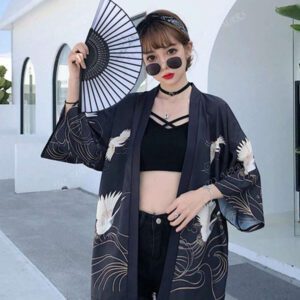 Cardigan Kimono imprimé grue de style rétro japonais, coupe ample polyvalente, manteau léger pour le printemps/été