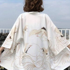 Cardigan Kimono imprimé grue de style rétro japonais, coupe ample polyvalente, manteau léger pour le printemps/été