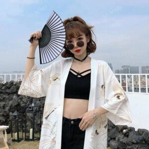 Cardigan Kimono imprimé grue de style rétro japonais, coupe ample polyvalente, manteau léger pour le printemps/été
