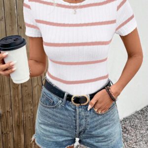 Easowa T-shirt côtelé ajusté à col ras-du-cou pour femmes, en tissu jacquard texturé, pour un port décontracté et confortable à la maison, en vacances et en sortie