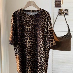 Comfortcana T-shirt décontracté d'été pour femme avec imprimé léopard à col rond et à manches courtes
