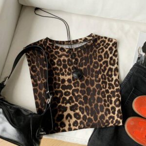 Comfortcana T-shirt décontracté d'été pour femme avec imprimé léopard à col rond et à manches courtes