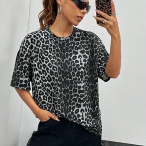 Comfortcana T-shirt décontracté d'été pour femme avec imprimé léopard à col rond et à manches courtes