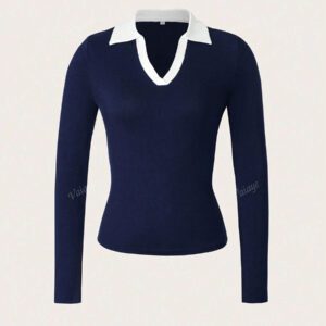 Vaiaye Vêtements d'automne pour femmes, pull tricoté ajusté avec manches longues, col polo, pour retour à l'école et la vie quotidienne