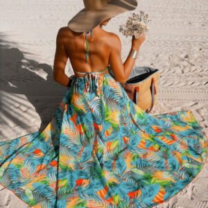 Swim Vcay Robe longue dos nu avec imprimé floral ras-du-cou et liens pour femme. Élégante robe de plage et cache-maillot pour vacances