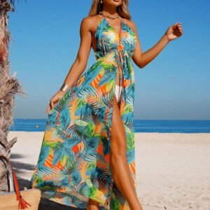 Swim Vcay Robe longue dos nu avec imprimé floral ras-du-cou et liens pour femme. Élégante robe de plage et cache-maillot pour vacances