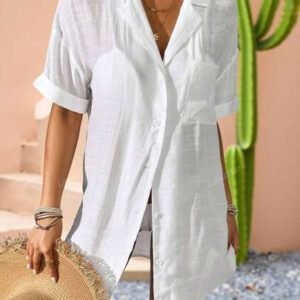 LanaWest Femmes Kimono simple de couleur unie à manches courtes, cache-maillot de plage d'été long