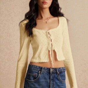 Poéselle T-shirt court à manches longues pour femmes avec nœud devant, couleur unie et ourlet fendu