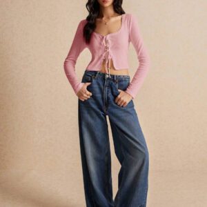 Poéselle T-shirt court à manches longues pour femmes avec nœud devant, couleur unie et ourlet fendu