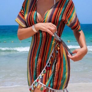 Swim Vcay Style de plage d'été pour femmes Peignoir à col croisé avec imprimé patchwork et décoration de franges