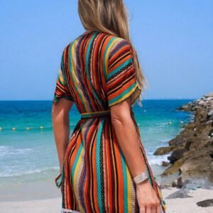 Swim Vcay Style de plage d'été pour femmes Peignoir à col croisé avec imprimé patchwork et décoration de franges