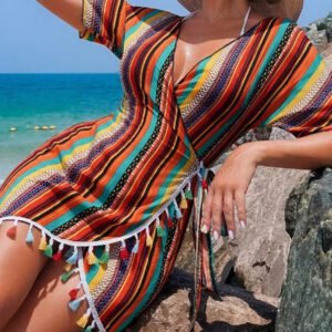 Swim Vcay Style de plage d'été pour femmes Peignoir à col croisé avec imprimé patchwork et décoration de franges