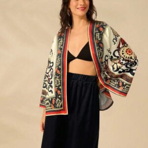 CAJUNI Kimono style décontracté et bohème à manches longues avec imprimé de totems nationaux pour femmes, parfait pour les vacances