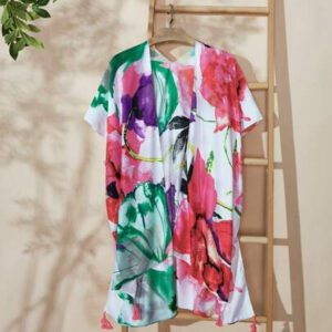 Swim Lushoire Kimono cardigan casual polyvalent à manches courtes avec imprimé rétro sur toute la surface