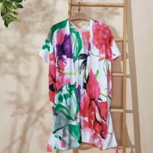 Swim Lushoire Kimono cardigan casual polyvalent à manches courtes avec imprimé rétro sur toute la surface