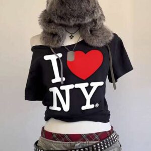 SHEIN T-shirt décontracté à épaules obliques et motif lettre à la mode pour femme