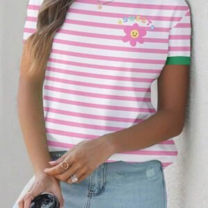 SHEIN EZwear Femmes T-shirt à manches courtes, col rond, ample, à motif de rayures et fleurs dopaminergiques, style simple et mignon