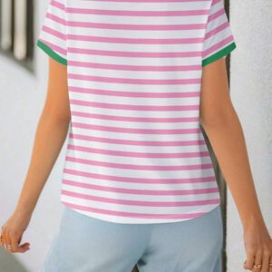 SHEIN EZwear Femmes T-shirt à manches courtes, col rond, ample, à motif de rayures et fleurs dopaminergiques, style simple et mignon