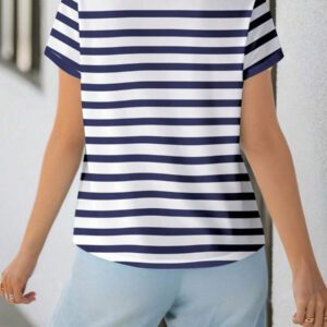 SHEIN EZwear Femmes T-shirt à manches courtes, col rond, ample, à motif de rayures et fleurs dopaminergiques, style simple et mignon