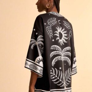 CAJUNI Couvre-plage kimono ample imprimé de fleurs tropicales bohèmes noir et blanc, cocotiers, soleil et feuilles de palmier pour femmes