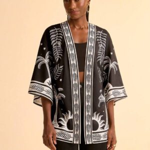 CAJUNI Couvre-plage kimono ample imprimé de fleurs tropicales bohèmes noir et blanc, cocotiers, soleil et feuilles de palmier pour femmes