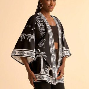 CAJUNI Couvre-plage kimono ample imprimé de fleurs tropicales bohèmes noir et blanc, cocotiers, soleil et feuilles de palmier pour femmes