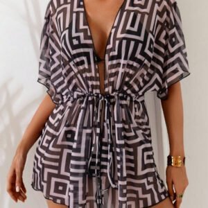 Swim Lushoire Kimono de plage imprimé de rayures géométriques pour femmes Swim Lushore, couvre-tout pour vacances