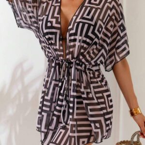 Swim Lushoire Kimono de plage imprimé de rayures géométriques pour femmes Swim Lushore, couvre-tout pour vacances