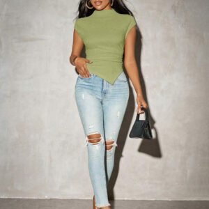 SHEIN SXY T-shirt en maille à ourlet asymétrique de couleur unie pour femmes, printemps