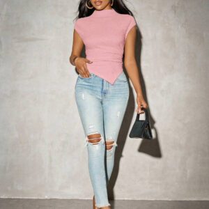 SHEIN SXY T-shirt en maille à ourlet asymétrique de couleur unie pour femmes, printemps