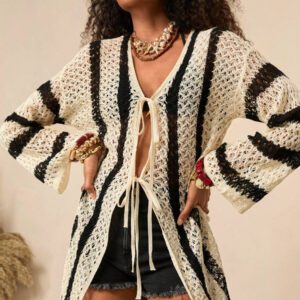 Bóhologie Femmes Style Boho Maxi Kimono tricoté avec nœud devant pour porter à la plage