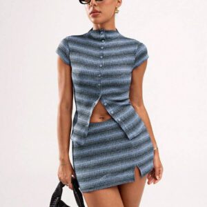 SHEIN BAE Blouse décontractée à rayures à manches courtes, col montant, boutons devant pour un port quotidien pour femmes