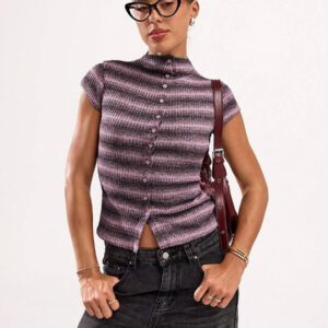 SHEIN BAE Blouse décontractée à rayures à manches courtes, col montant, boutons devant pour un port quotidien pour femmes