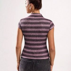 SHEIN BAE Blouse décontractée à rayures à manches courtes, col montant, boutons devant pour un port quotidien pour femmes