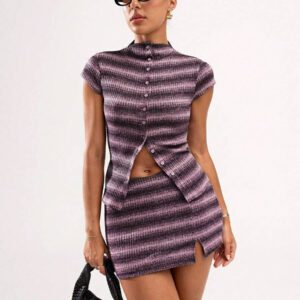 SHEIN BAE Blouse décontractée à rayures à manches courtes, col montant, boutons devant pour un port quotidien pour femmes