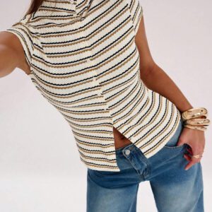 SHEIN BAE Blouse décontractée à rayures à manches courtes, col montant, boutons devant pour un port quotidien pour femmes