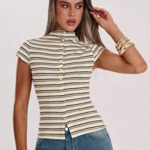 SHEIN BAE Blouse décontractée à rayures à manches courtes, col montant, boutons devant pour un port quotidien pour femmes