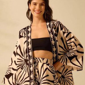 CAJUNI Kimono court couvrant à manches lanternes, imprimé bohème, casual d'été et vacances, style tropical de plage