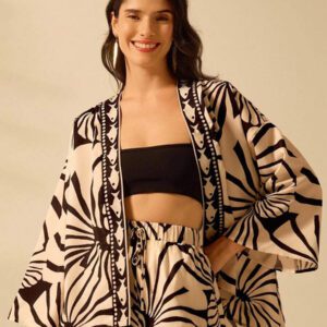 CAJUNI Kimono court couvrant à manches lanternes, imprimé bohème, casual d'été et vacances, style tropical de plage