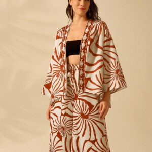 CAJUNI Kimono court couvrant à manches lanternes, imprimé bohème, casual d'été et vacances, style tropical de plage