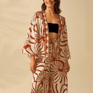 CAJUNI Kimono court couvrant à manches lanternes, imprimé bohème, casual d'été et vacances, style tropical de plage