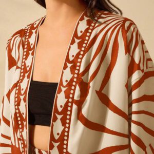 CAJUNI Kimono court couvrant à manches lanternes, imprimé bohème, casual d'été et vacances, style tropical de plage